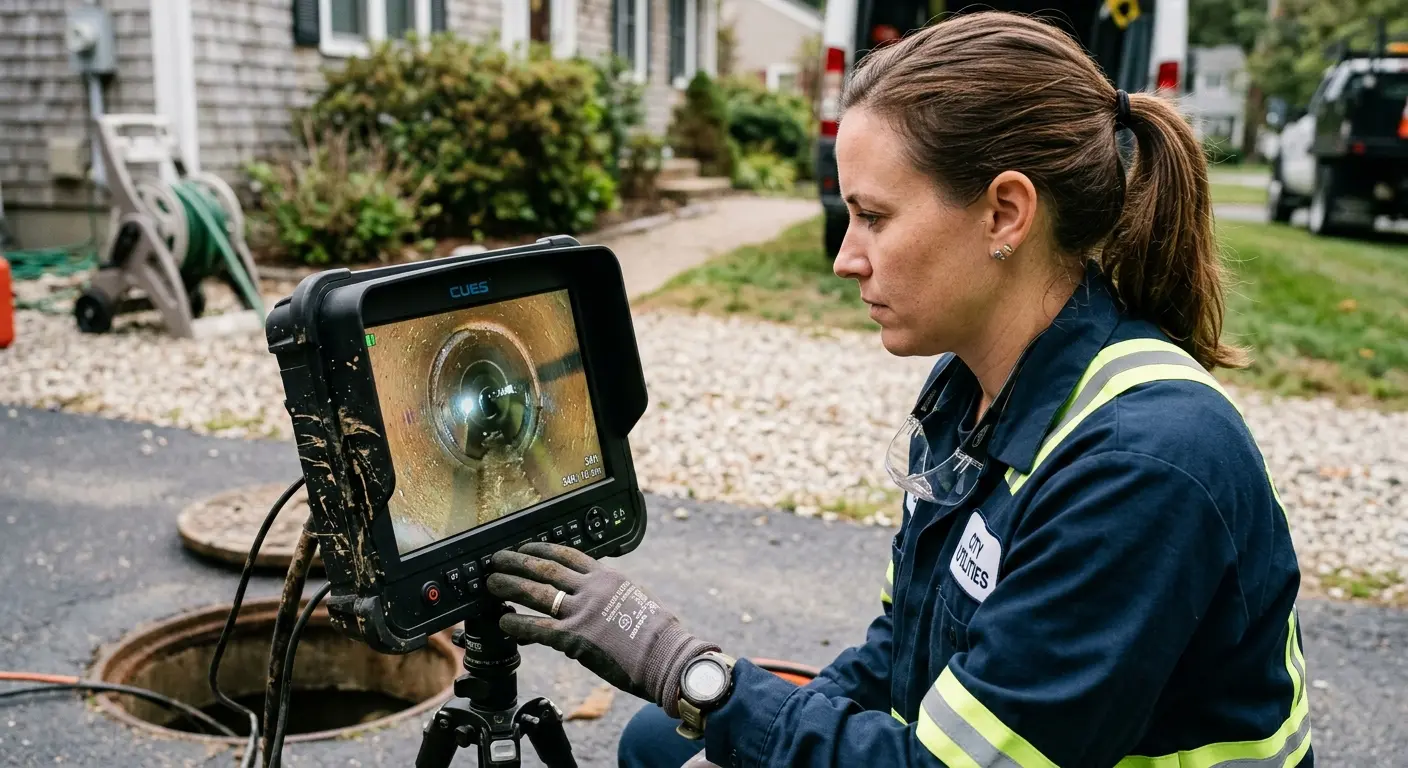 Technician reviewing sewer camera inspection footage in Moorhead