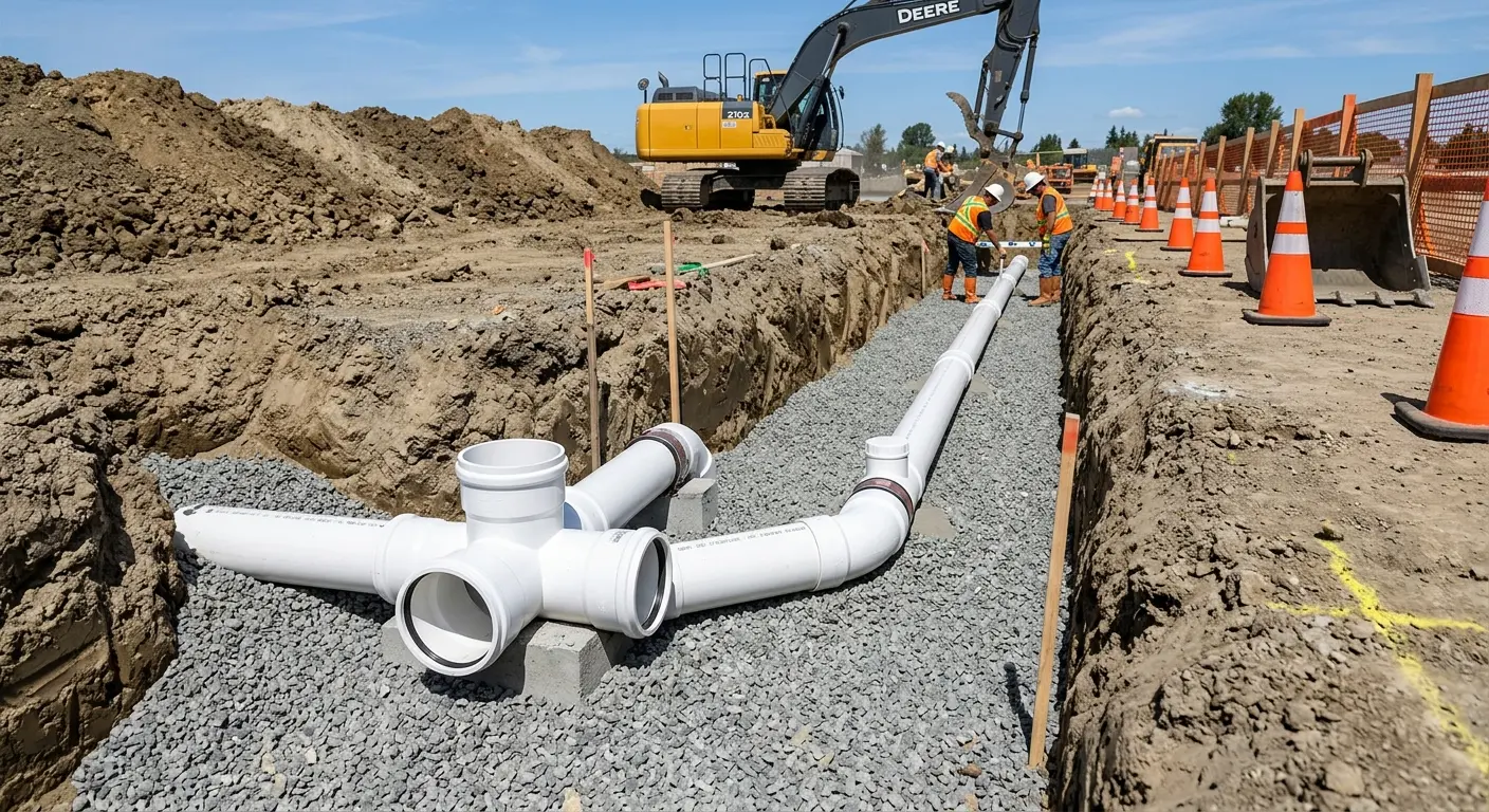 New PVC sewer pipe installation in open trench for Commercial Drain Cleaning in Moorhead