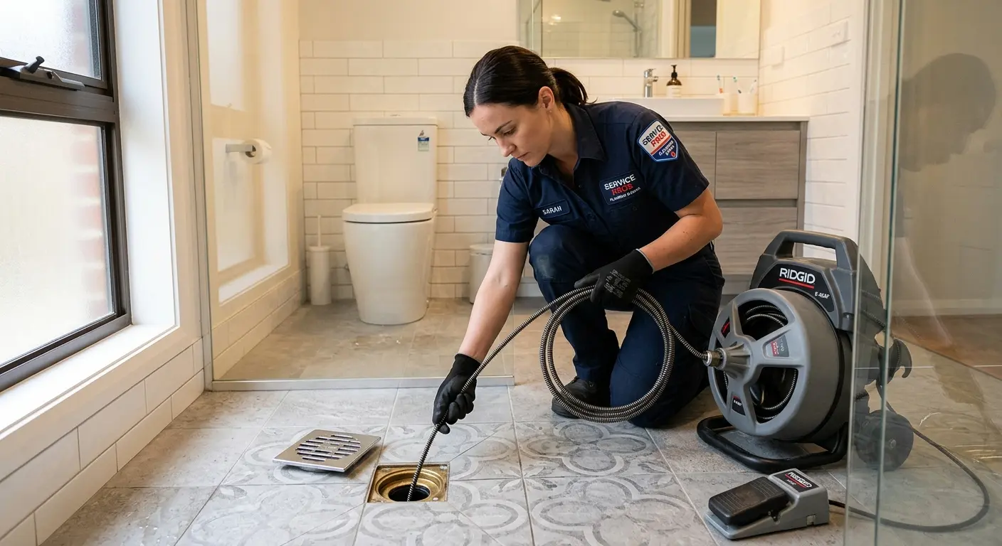 Technician clearing a bathroom floor drain for Drain Cleaning in Moorhead